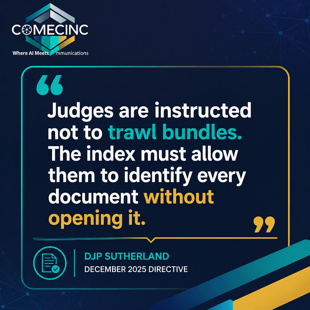 Judges are instructed not to trawl bundles. The index must allow them to identify every document without opening it." — DJP Sutherland, December 2025 Directive.