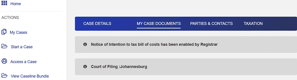 CourtOnline My Case Documents tab showing the yellow bundle sync button.