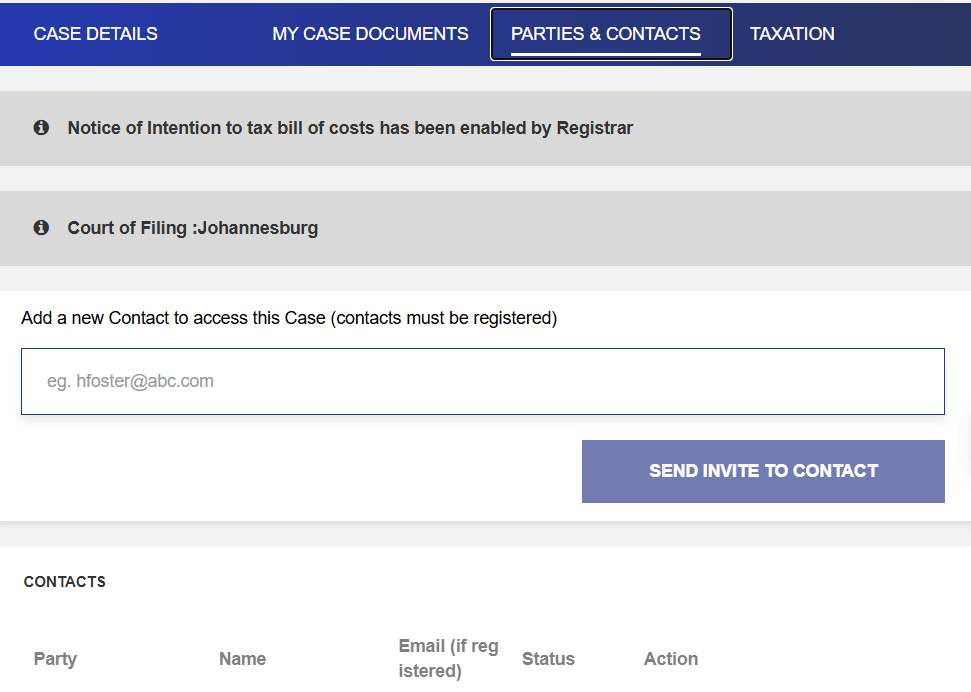 CourtOnline Parties and Contacts tab showing the Send Invite to Contact function.